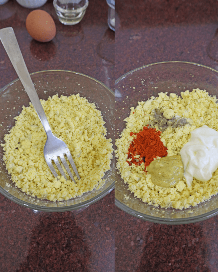 mash egg yolks using fork and add spice