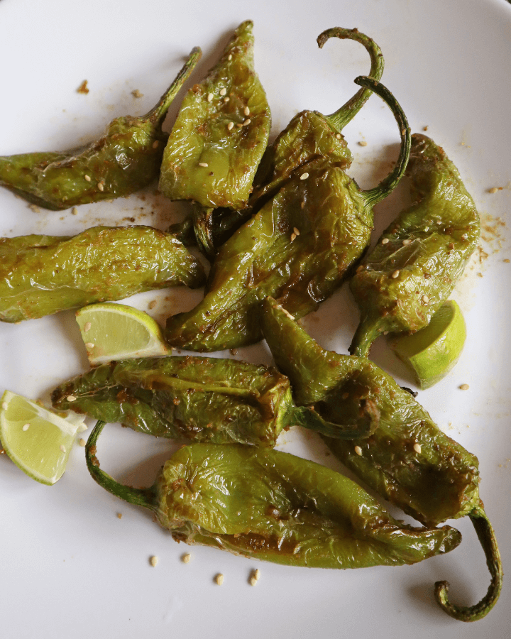 Spicy shishito peppers in air fryer
